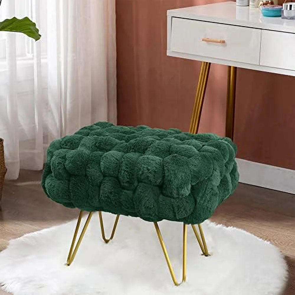 Pink Soft Faux Ottoman Fuzzy Entryway Bench Seat 27x20x19 Sturdy Accent Coffee Table for Living Room Make up Vanity Fluffy Shoe Stool with Golden Legs for Bedroom Closet F - Image 3